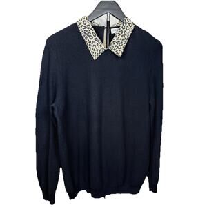 J.Crew Waffle Knit Sweater Women’s XL Tippi Leopard Collar Long Sleeve Cotton